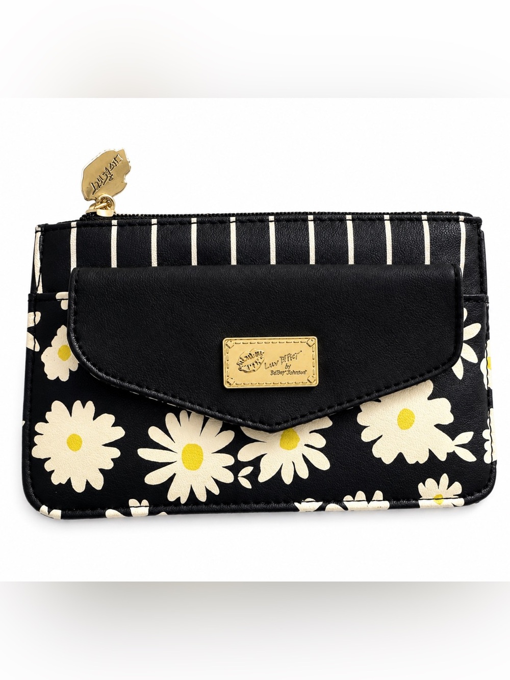 Betsey Johnson Black Floral Daisy Zip Wallet with Gold Accent